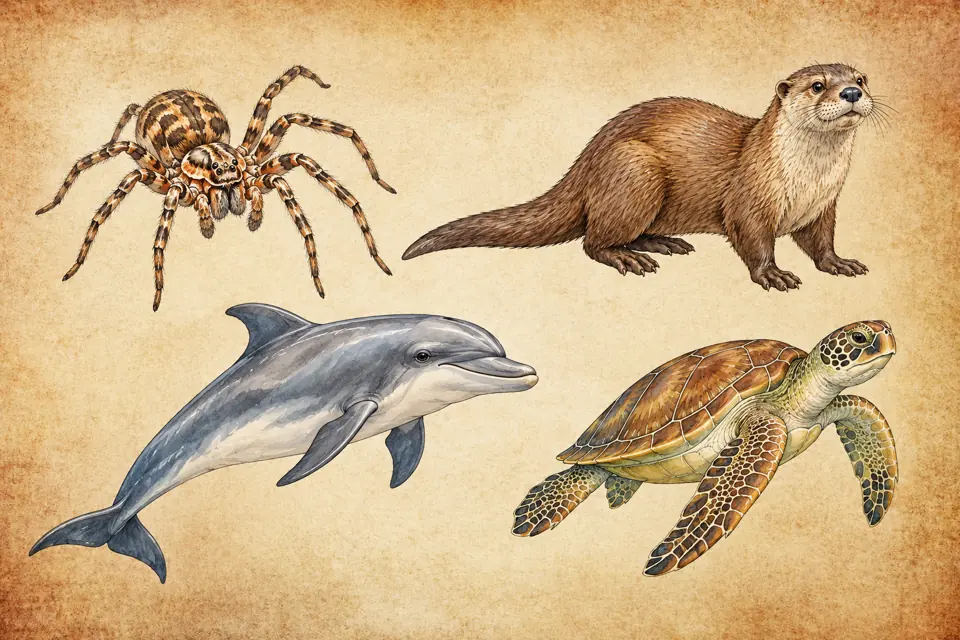 Aquarius spirit animals: a spider with exactly eight legs, a river otter, a dolphin, and a turtle