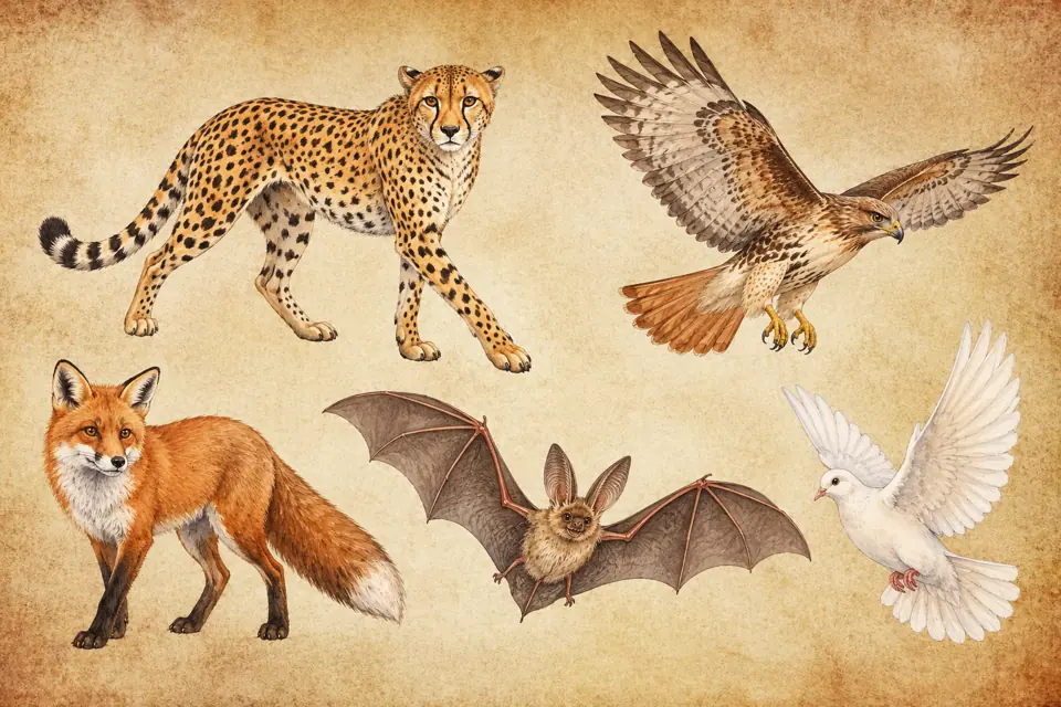 Aries spirit animals: a cheetah, a hawk, a red fox, a bat with open wings, and a white dove
