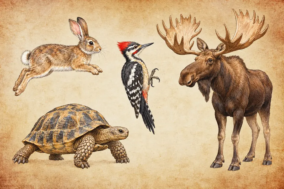 Cancer spirit animals: a rabbit, a woodpecker, a land tortoise, and a moose with broad palmate antlers