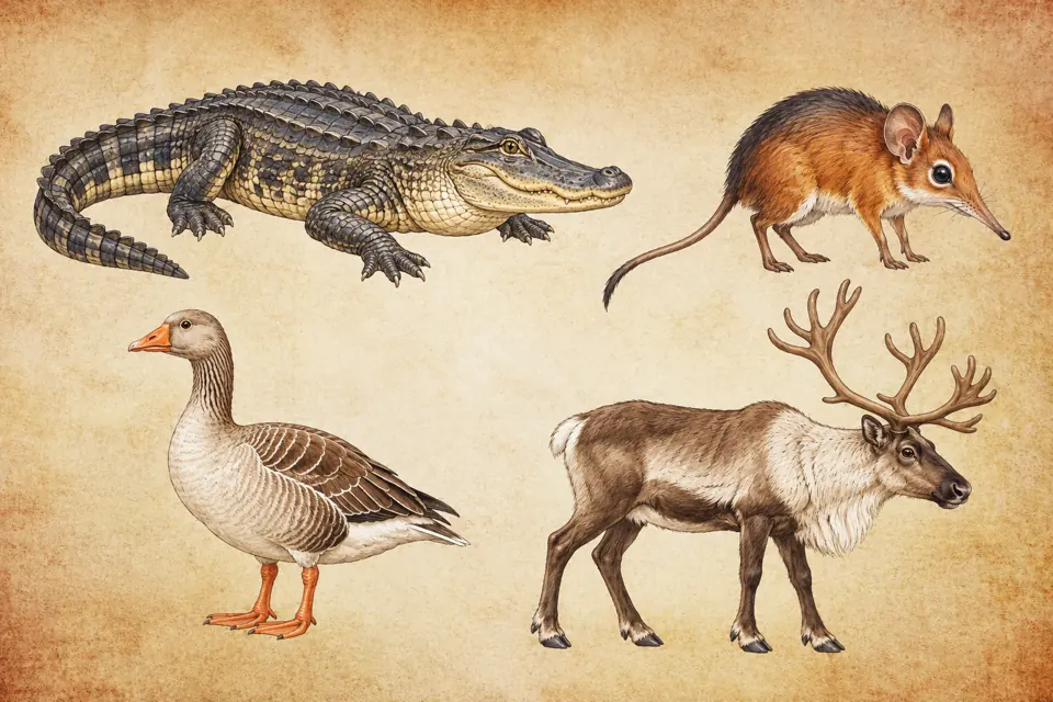 Capricorn spirit animals: an alligator, a small elephant shrew with a long pointed snout, a goose, and a reindeer with branching antlers