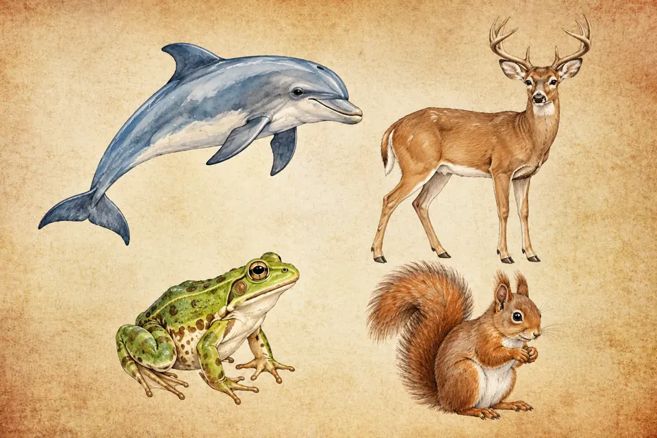 Gemini spirit animals: a dolphin, a deer, a green frog, and a squirrel with a bushy tail
