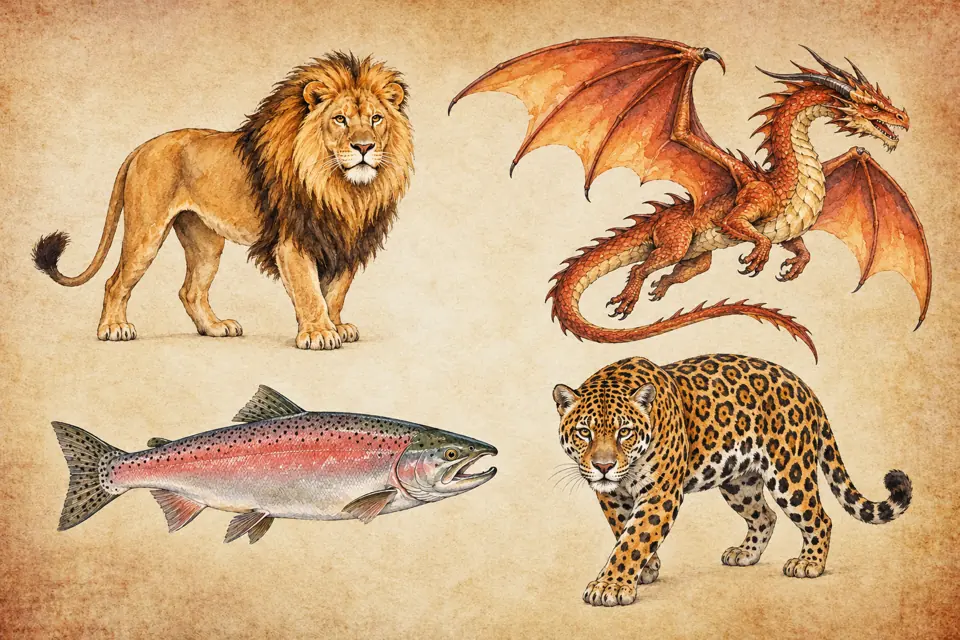 Leo spirit animals: a male lion with a mane, a mythical winged dragon, a salmon fish, and a jaguar with rosette markings