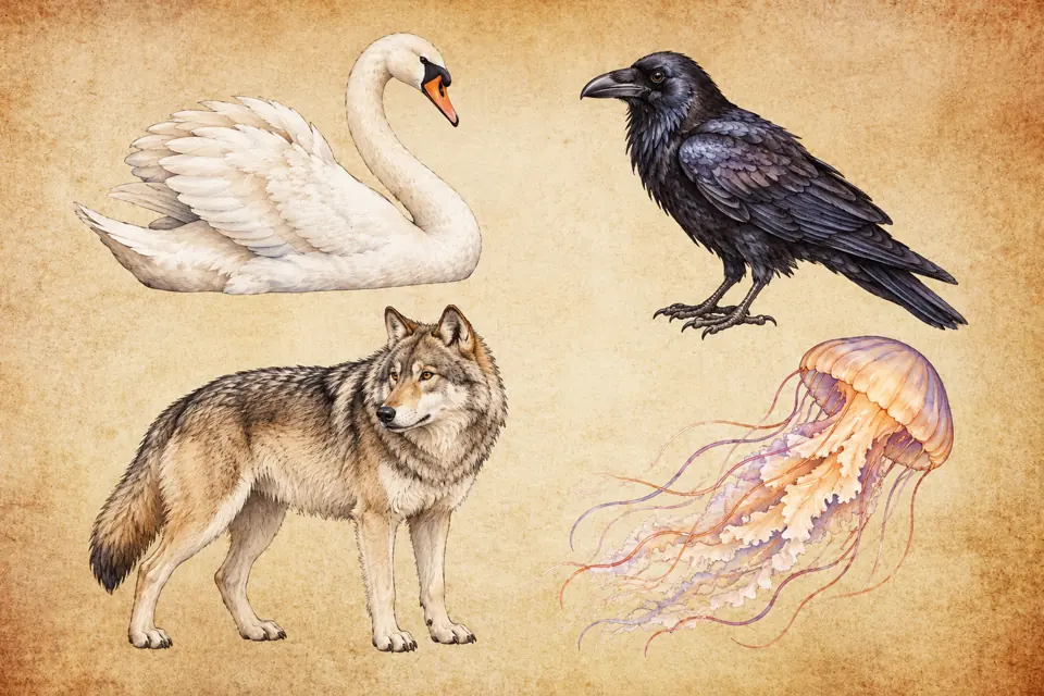 Libra spirit animals: an elegant white swan, a black raven, a gray wolf, and a jellyfish with delicate tentacles