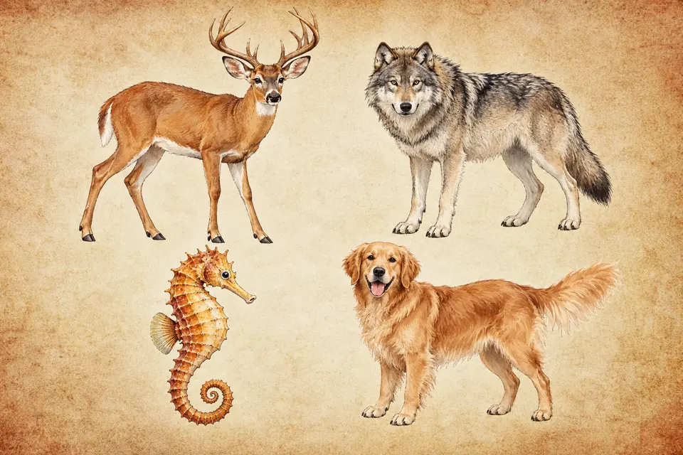 Pisces spirit animals: a deer, a gray wolf, a seahorse with a curled tail, and a friendly domestic dog