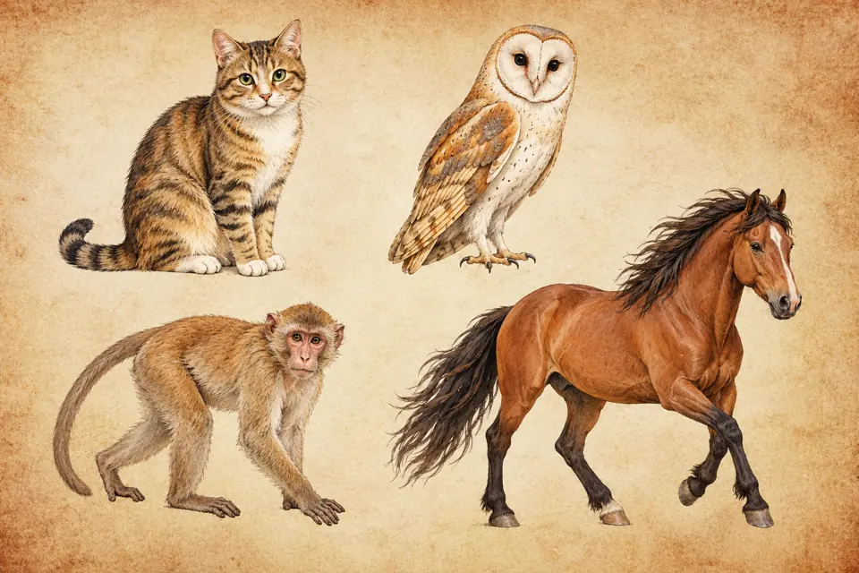 Sagittarius spirit animals: a domestic cat, an owl, a monkey, and a wild horse