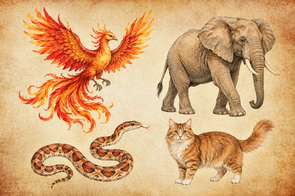 Scorpio spirit animals: a mythical phoenix with flame-colored feathers, a snake, an elephant, and a domestic cat