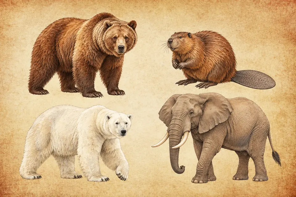 Taurus spirit animals: a brown bear, a beaver with a visible broad flat tail, a polar bear, and an elephant