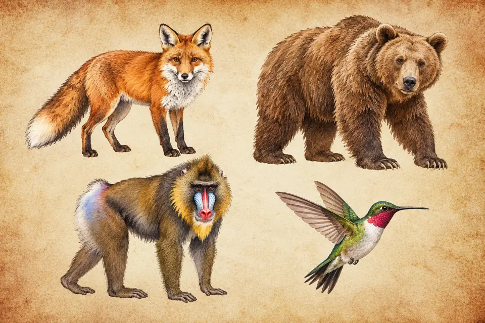 Virgo spirit animals: a red fox, a brown bear, a mandrill with its recognizable colorful face, and a hummingbird